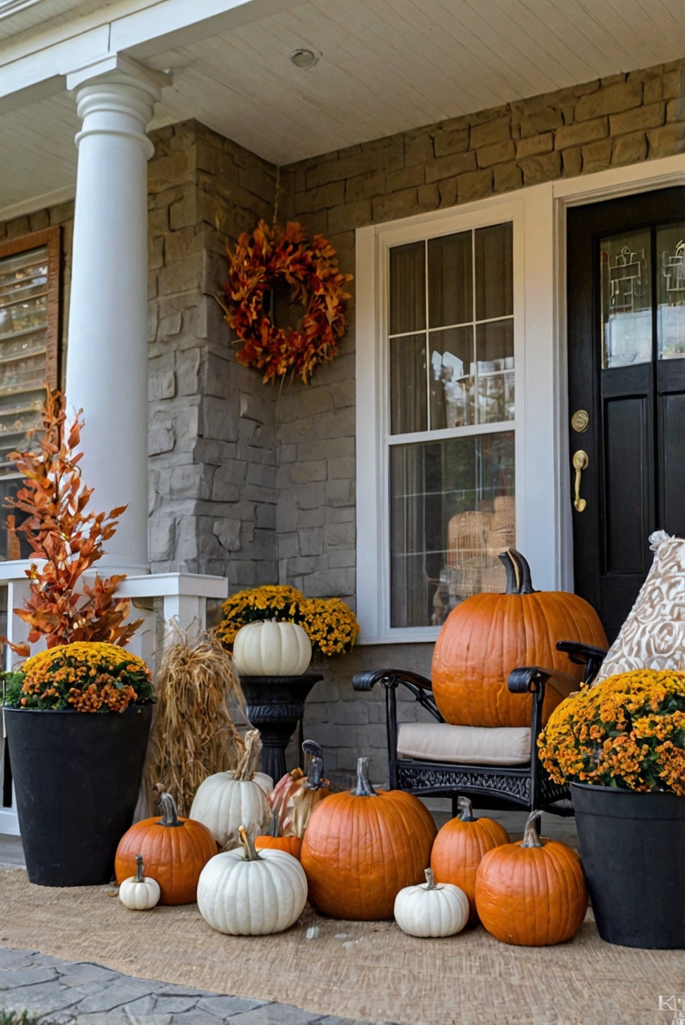 Fall porch decor, Autumn home decorations, Outdoor fall themes, Seasonal front porch, Festive harvest display