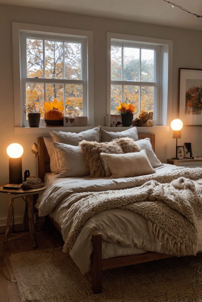 Stunning Fall Bedroom Decor, Fall Bedroom Ideas, Cozy Bedroom Designs, Autumn Bedroom Styles, Warm Bedroom Colors