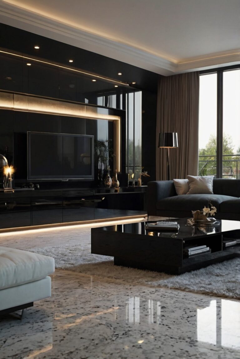 Luxury black sofa, Modern living room decor, Contemporary furniture, Stylish home accessories, Designer black rug