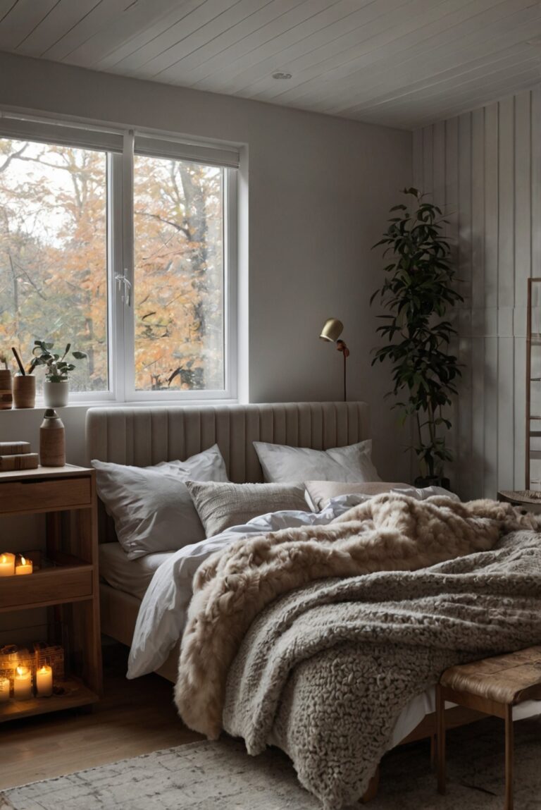 Cozy bedroom decor, Fall bedding, Warm bedroom colors, Comfortable bedroom furniture, Autumn bedroom design