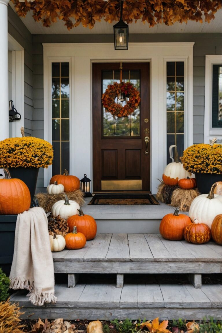 Fall porch decor, Seasonal home decor, Outdoor autumn decorations, Rustic fall accents, Festive porch styling