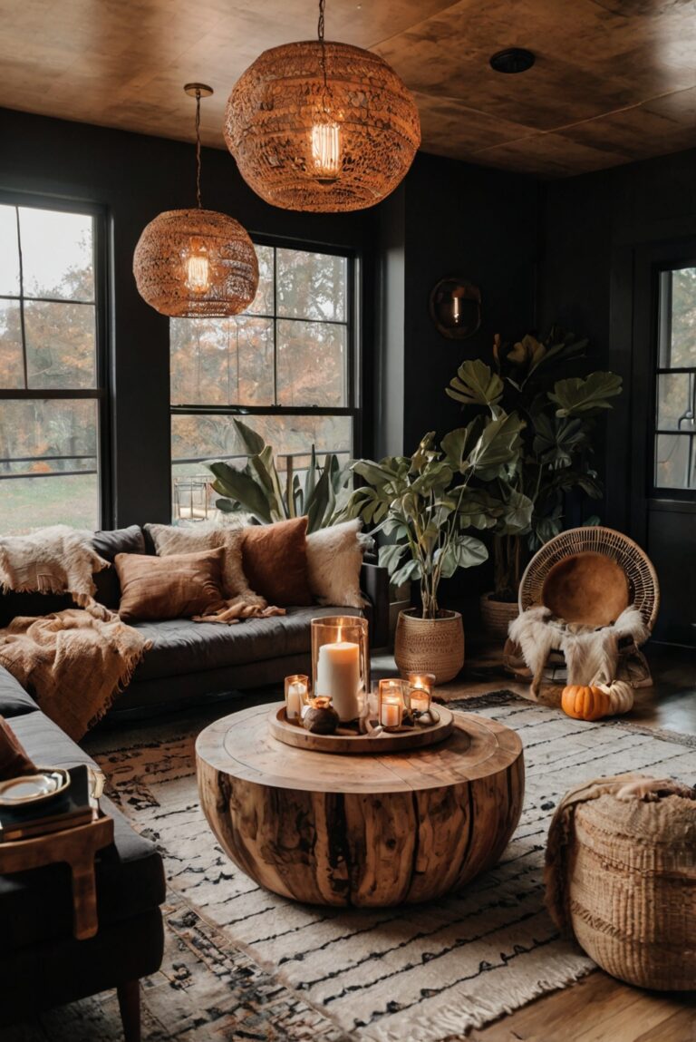 Dark Boho Living Room Decor, Bohemian Home Styling, Fall Boho Interior Design, Unique Bohemian Living Spaces, Cozy Boho Fall Vibes