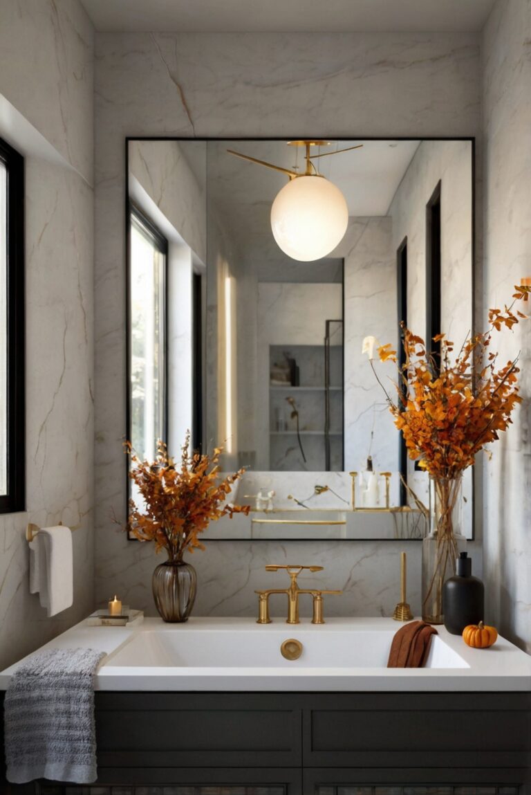 bathroom decor ideas, fall bathroom accessories, autumn themed bathroom, seasonal bathroom upgrade, modern fall bathroom