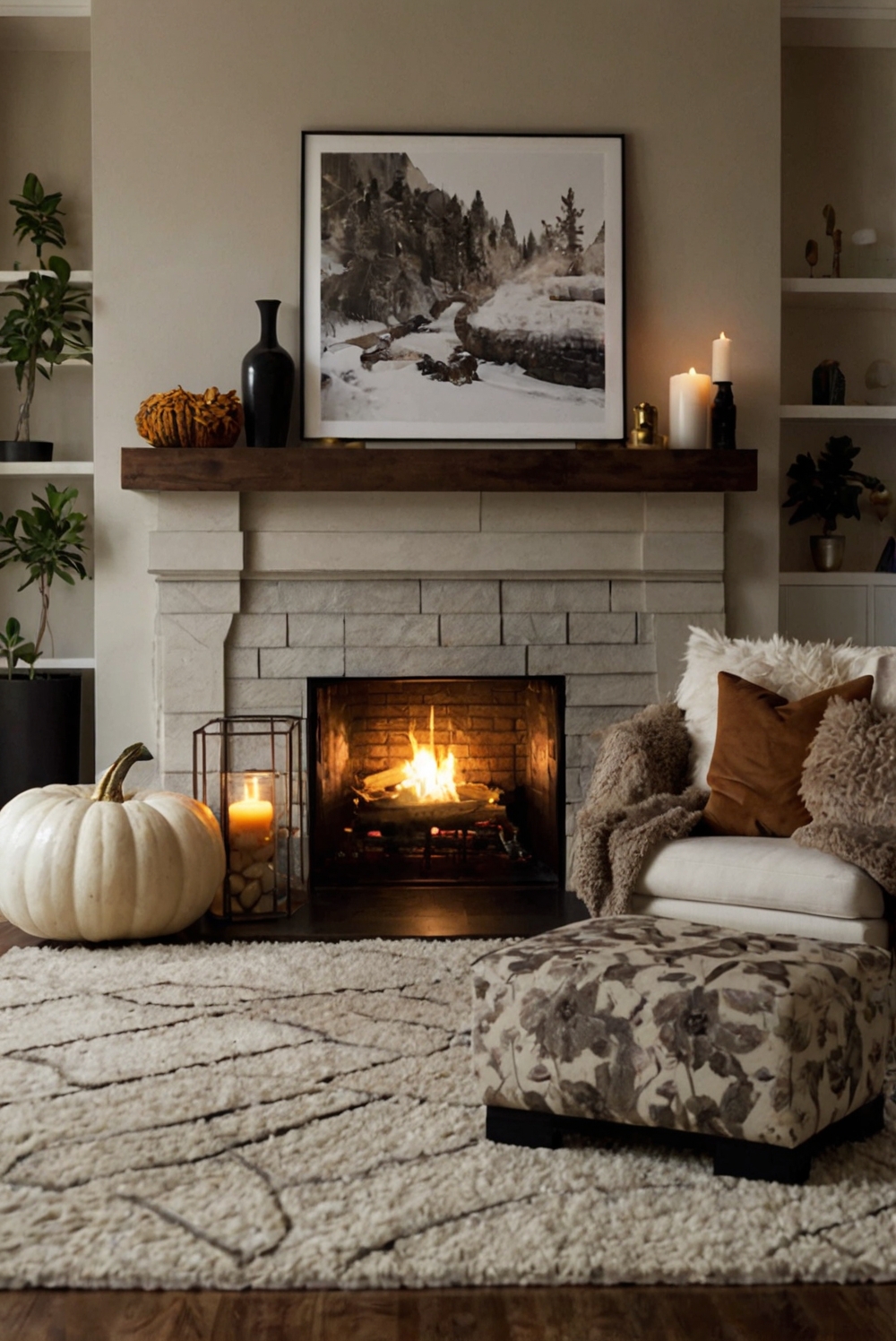 fireplace decoration ideas, autumn home decor, cozy living room design, fall mantle decorations, seasonal interior design