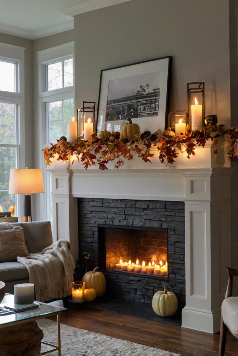 fall mantel decor, autumn mantel ideas, cozy fireplace decor, seasonal mantel decorations, elegant hearth styling