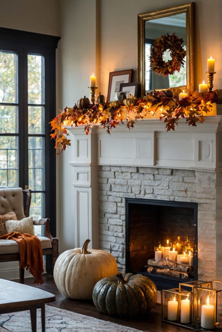 fireplace mantle decor, fall home decorations, autumn mantel ideas, cozy home decor, seasonal mantel decor