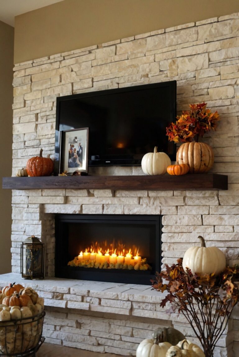 Fall mantle decor, autumn home decor, cozy living room decor, fireplace mantel decorations, seasonal interior design