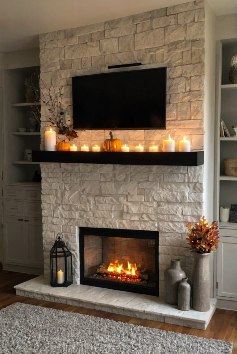 Fall mantle decor, cozy living room, modern fireplace design, seasonal home decor, stylish home accessories