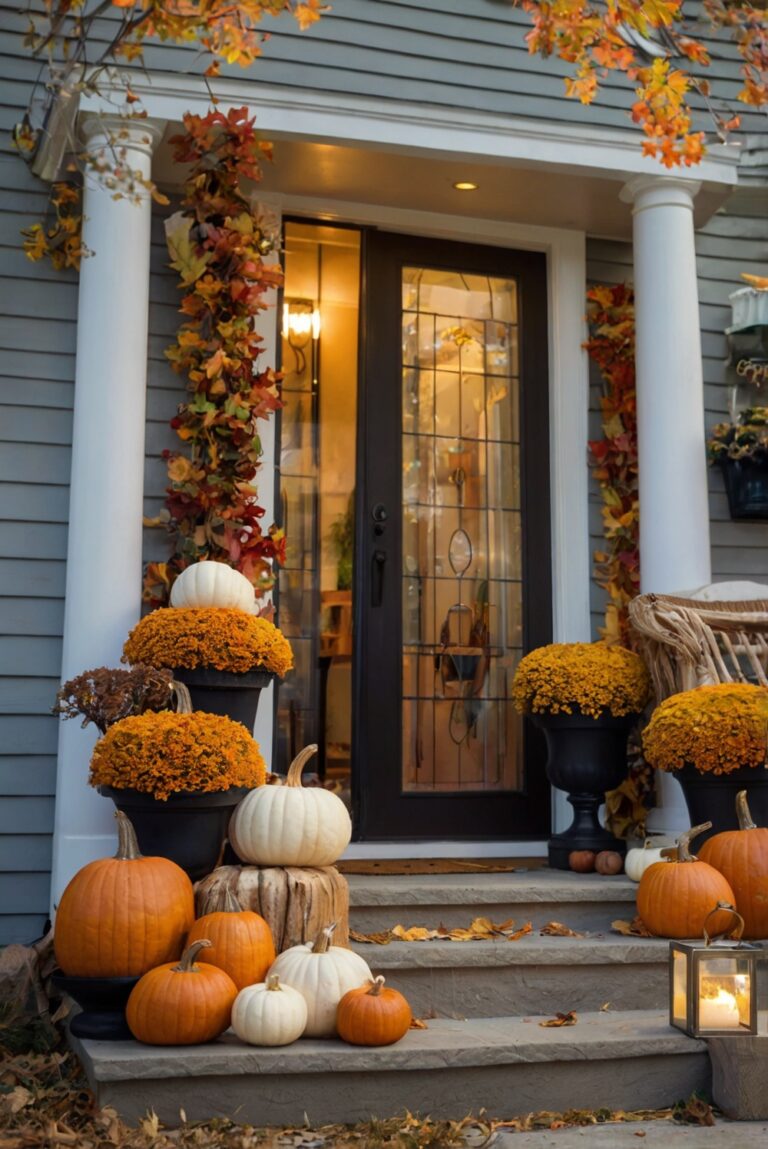 Fall porch decor, Outdoor autumn decorations, Seasonal front porch ideas, Festive harvest accents, Cozy fall porch design