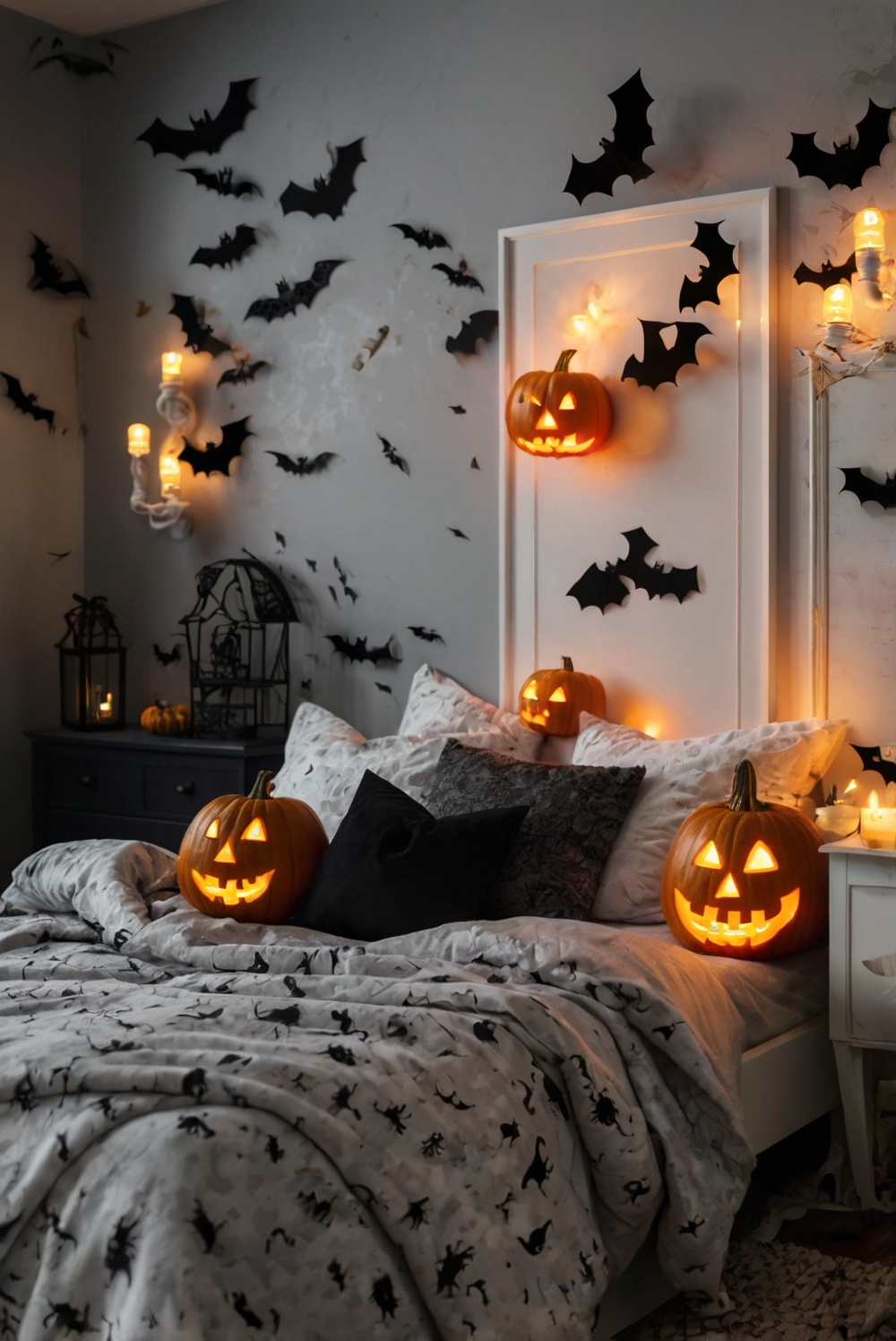 spooky bedroom decor, halloween-themed room, gothic bedroom design, eerie home decor, dark ambiance ideas