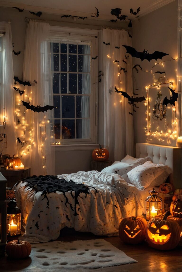 Halloween bedroom decor, spooky bedroom ideas, haunted bedroom design, ghostly bedroom decorations, eerie bedroom accents