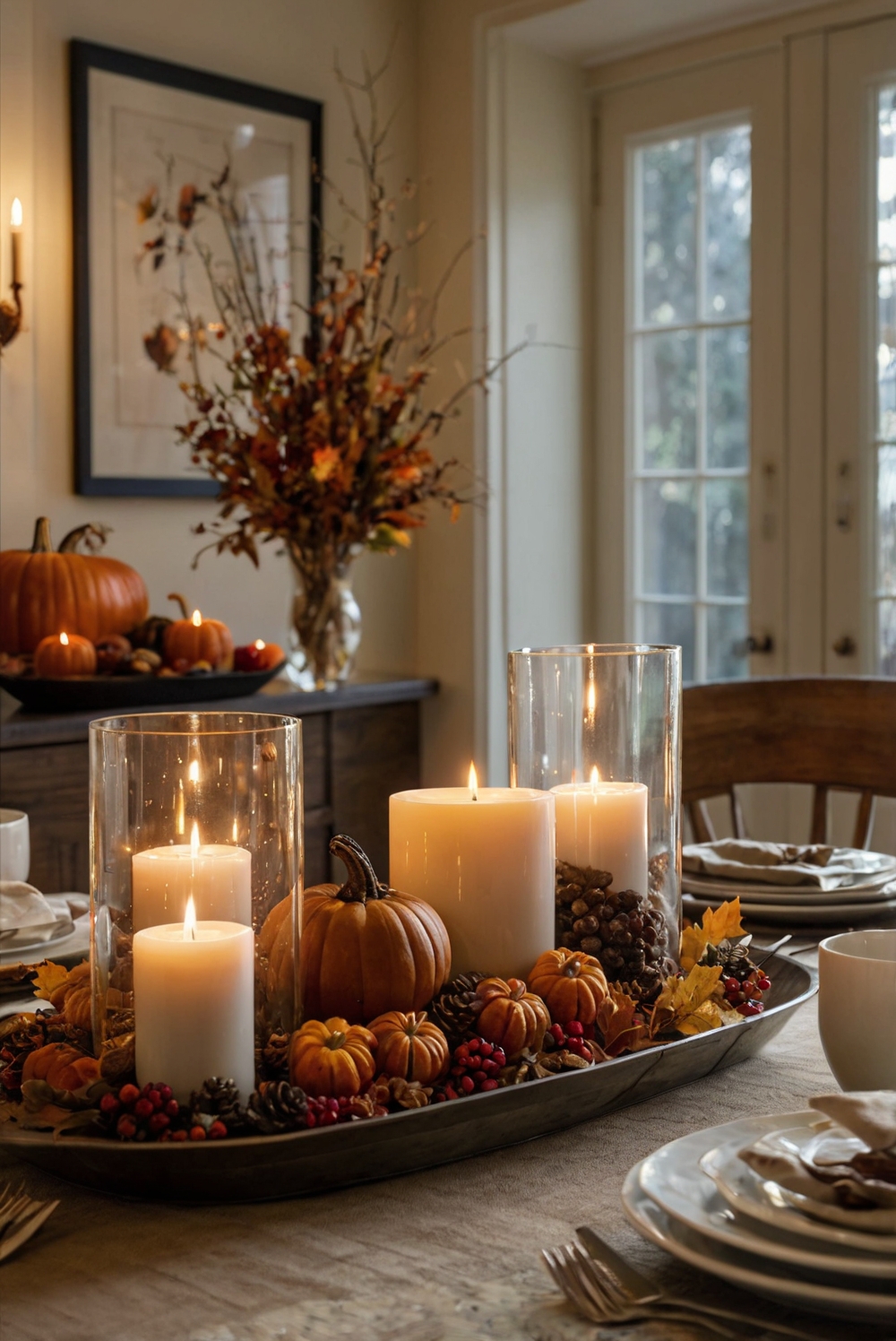 Thanksgiving decor ideas, festive room decorations, holiday home accents, elegant fall decor, cozy autumn room.