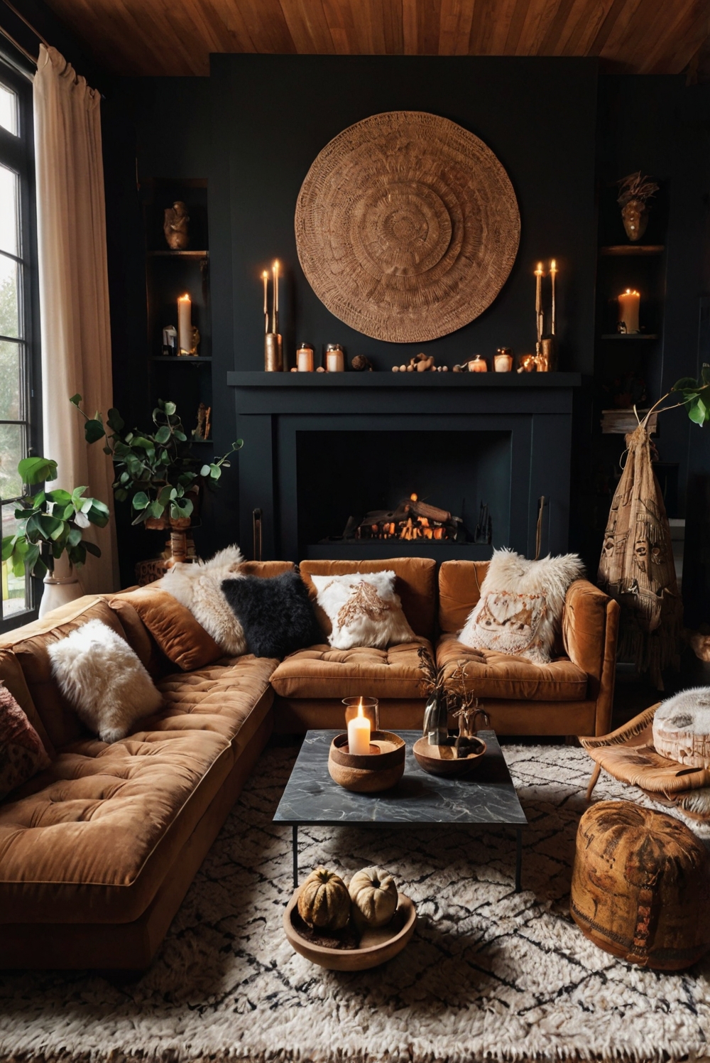 Dark boho living room decor, Boho fall decor, Dark boho interior design, Boho home styling, Fall boho aesthetic