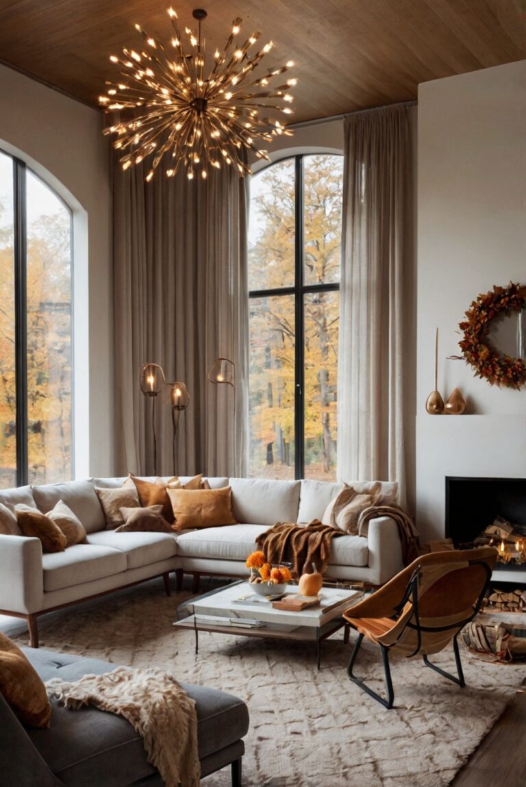 Stylish living room decor, Cozy autumn decorations, Elegant fall home decor, Chic seasonal accents, Modern fall design