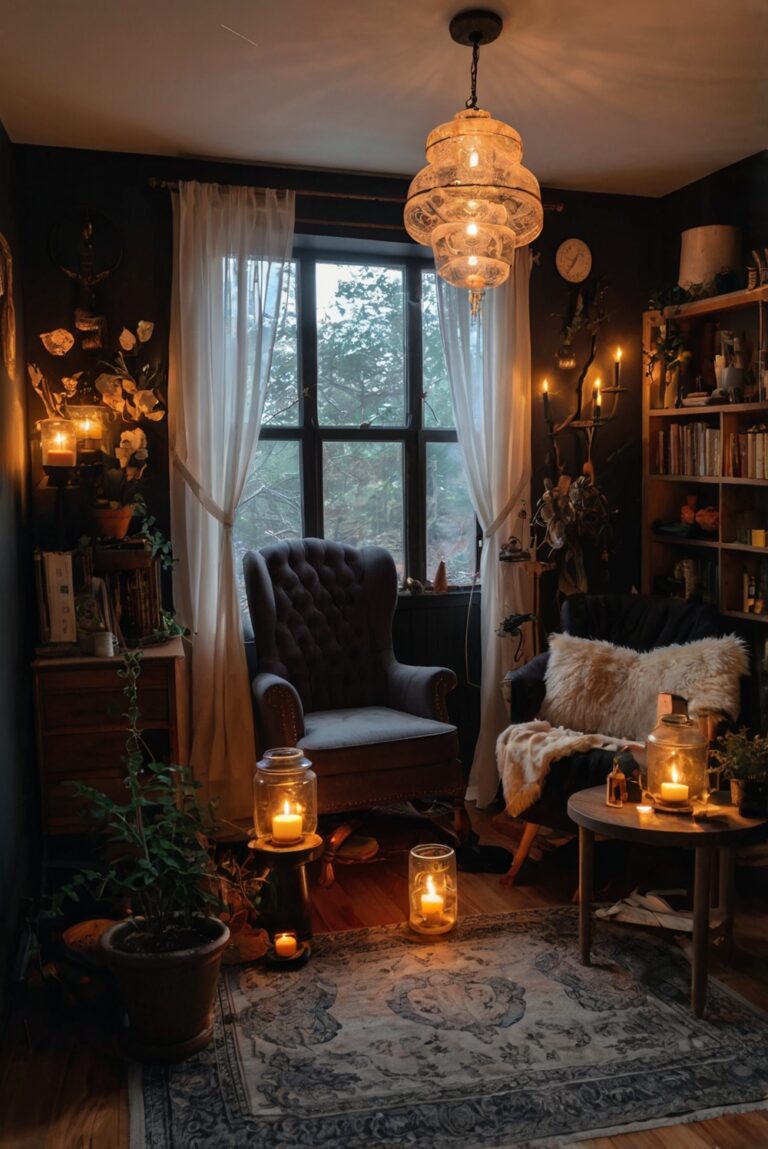 Witchy home decor, Goth bedroom ideas, Dark aesthetic room, Magical living room, Crescent moon decor